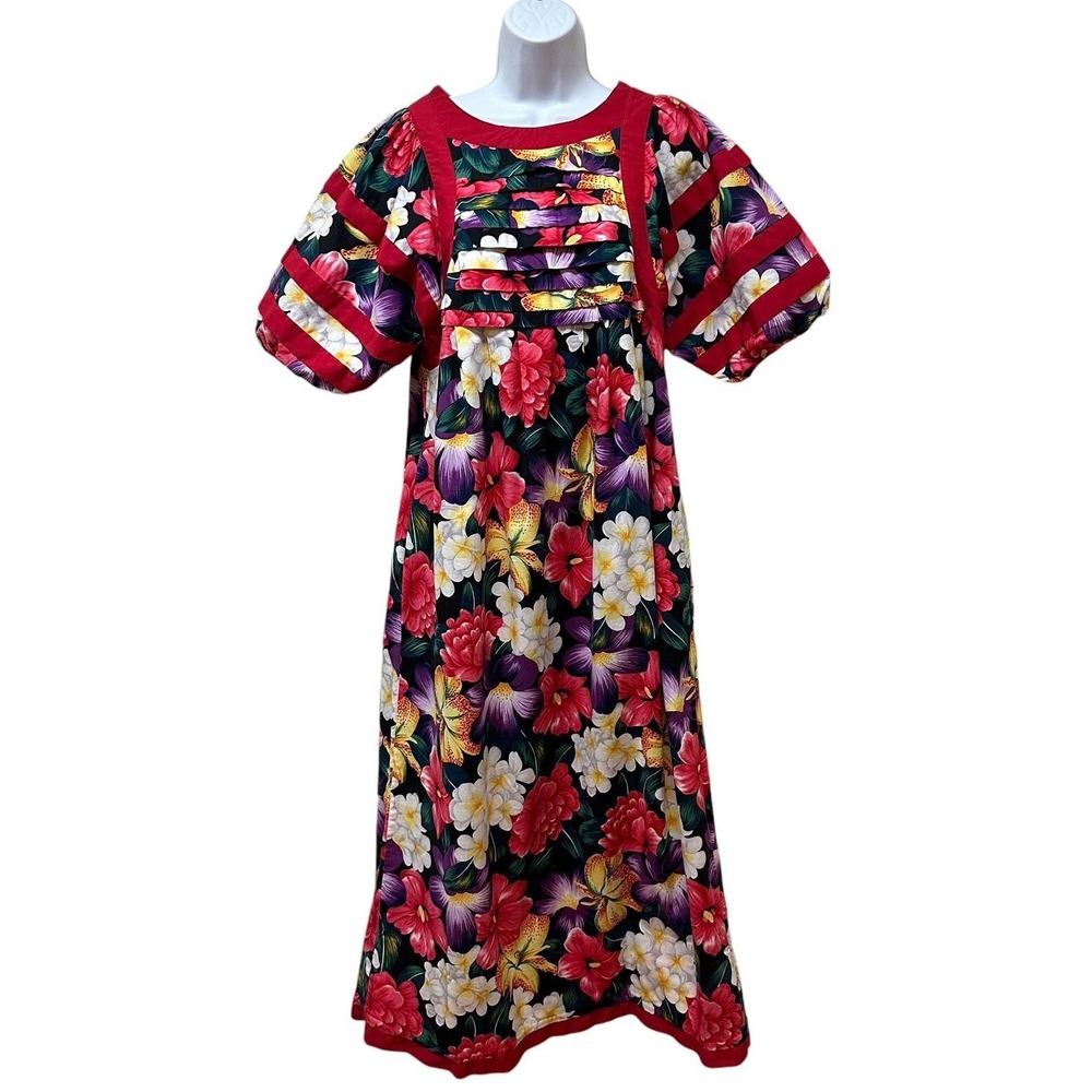 Vintage KRIST GUDNASON Dress Muumuu Colorful Tropical Floral Puff Sleeve Size L